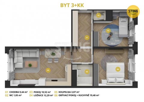 Prodej bytu 3kk, 57 m² - 0