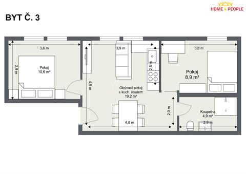 Pronájem bytu 3kk, 44 m² - 4