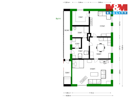 Pronájem bytu 3+1, 88 m² - 0