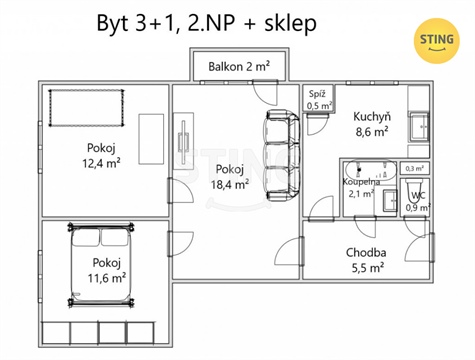 Prodej bytu 3+1, 61 m² - 2