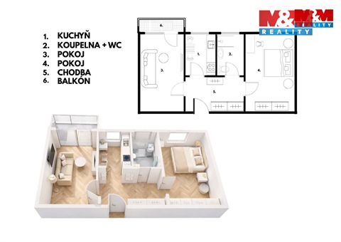 Pronájem bytu 2+1, 46 m² - 0