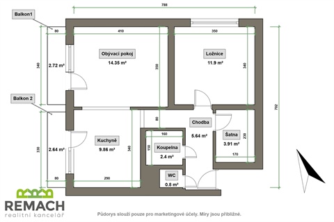 Pronájem bytu 2kk, 56 m² - 0