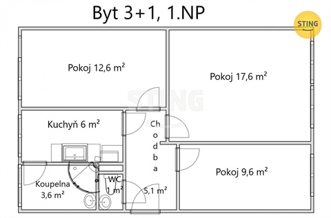 Prodej bytu 3+1, 57 m² 2