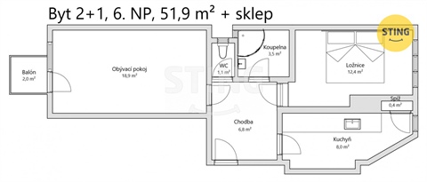Prodej bytu 2+1, 50 m² - 6